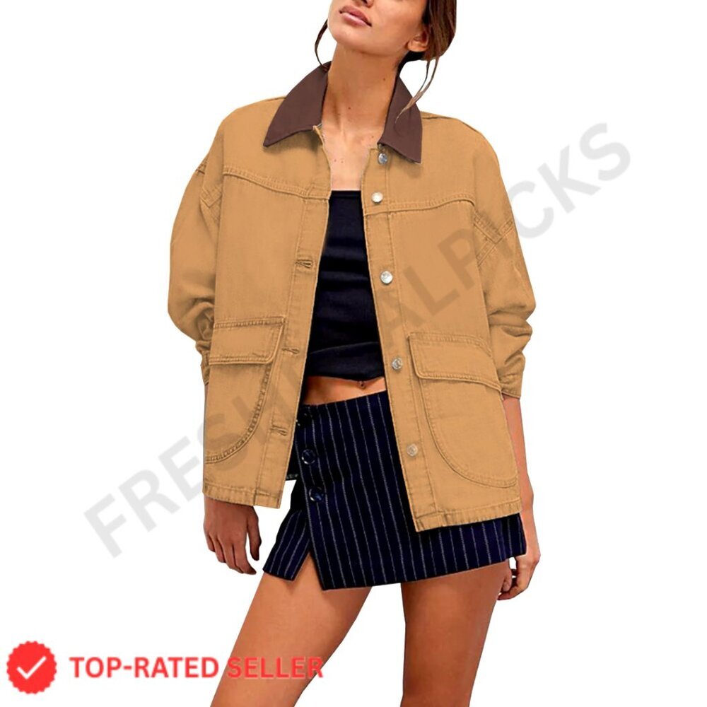 Oversized Denim Jacket Classic Y2K Chic Button Down Long Sleeve with Pockets